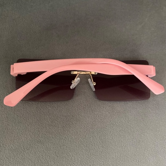 Sunglasses Pink Brown Gold Rectangle Lenses Rimless Frames - Picture 2 of 4